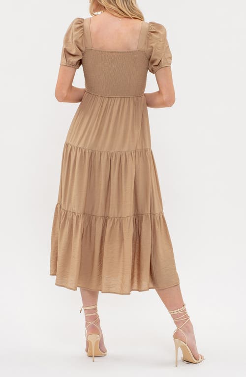 August Sky Puff Sleeve Tiered Midi Dress In Khaki