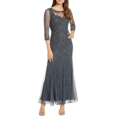 Pisarro Nights Beaded Mesh Gown, Grey