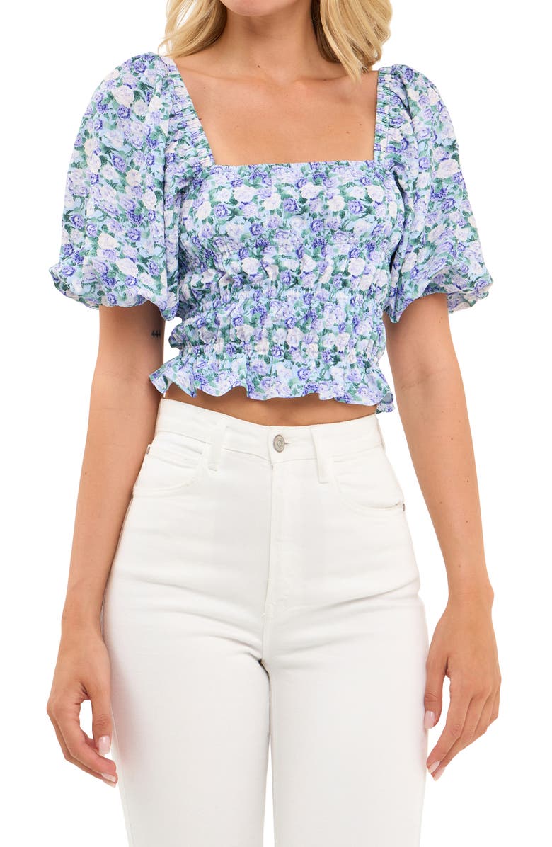 English Factory Floral Shirred Puff Sleeve Crop Top, Alternate, color, Blue/ Purple