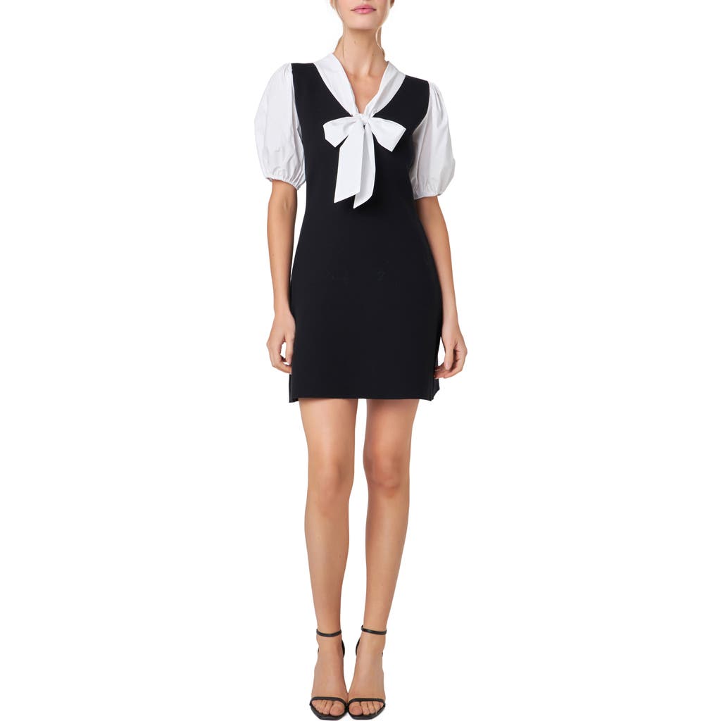 ENGLISH FACTORY ENGLISH FACTORY BOW TIE PUFF SLEEVE MIXED MEDIA MINIDRESS
