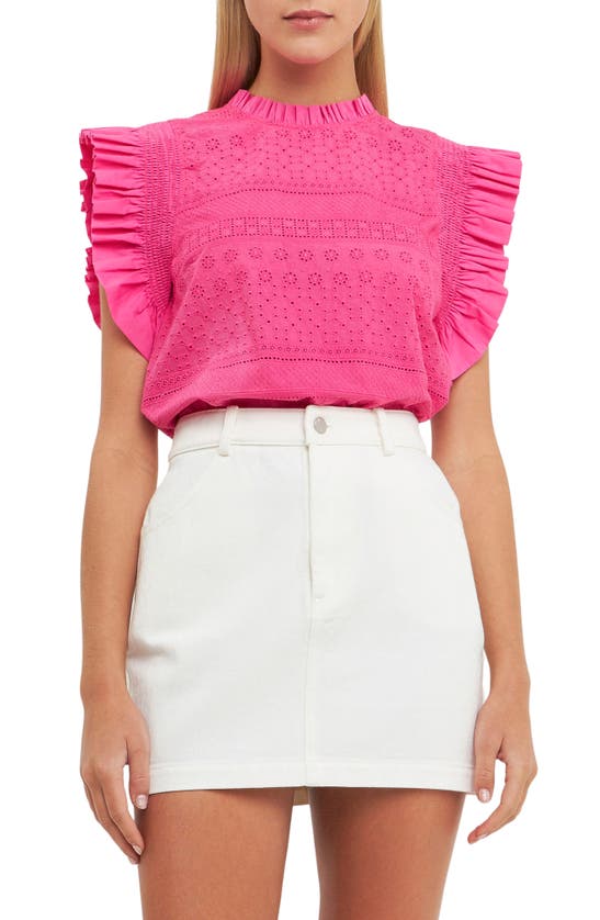 Shop English Factory Embroidered Ruffle Blouse In Fuchsia