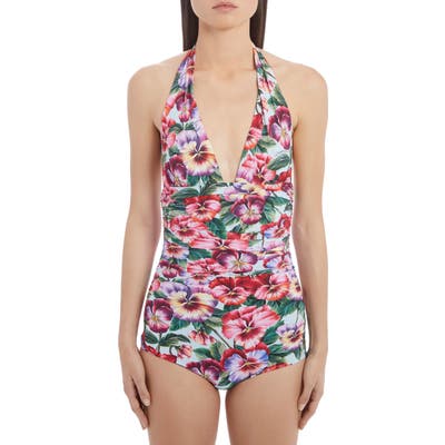 Dolce & gabbana Pansy Print Ruched One-Piece Swimsuit, (fits like 0-2 US) - Pink