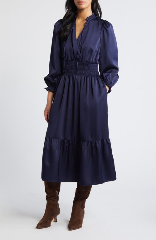 Shop Eliza J Ruffle Trim Long Sleeve Satin Dress In Navy