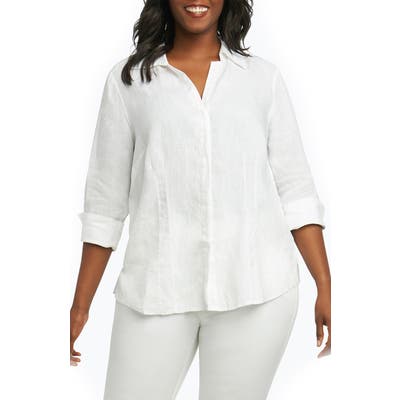 Plus Size Foxcroft Taylor Three Quarter Sleeve Linen Shirt, White