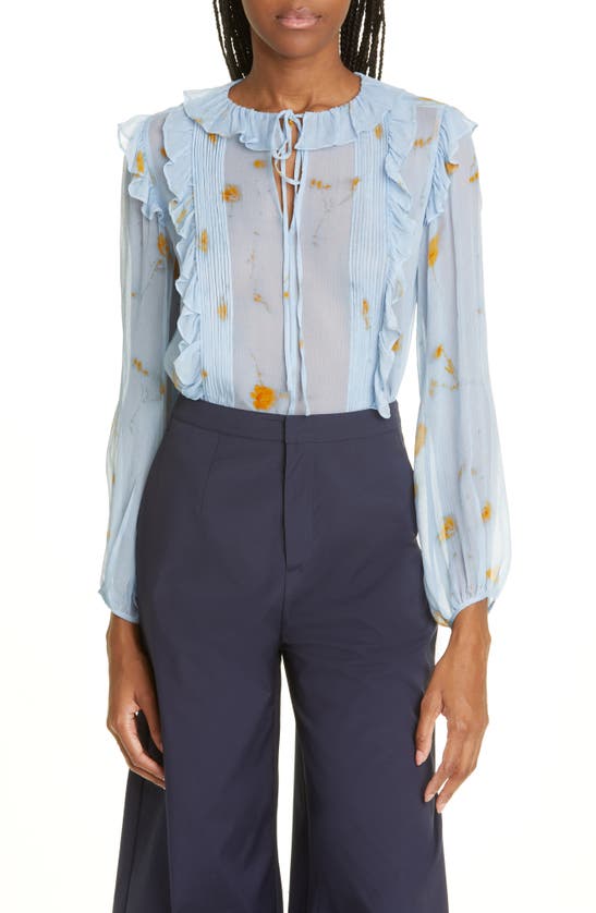 Jason Wu Floral-print Keyhole Ruffle Silk Blouse In Robin Blue Multi