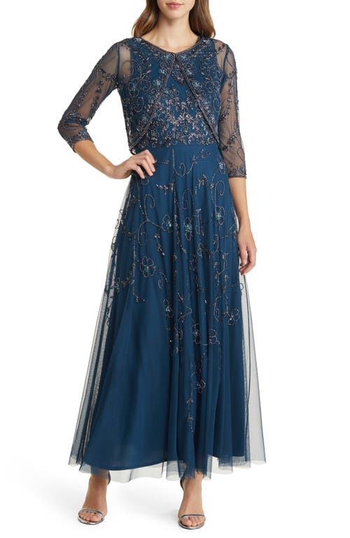 Beaded Mesh Gown with Jacket in Sapphire