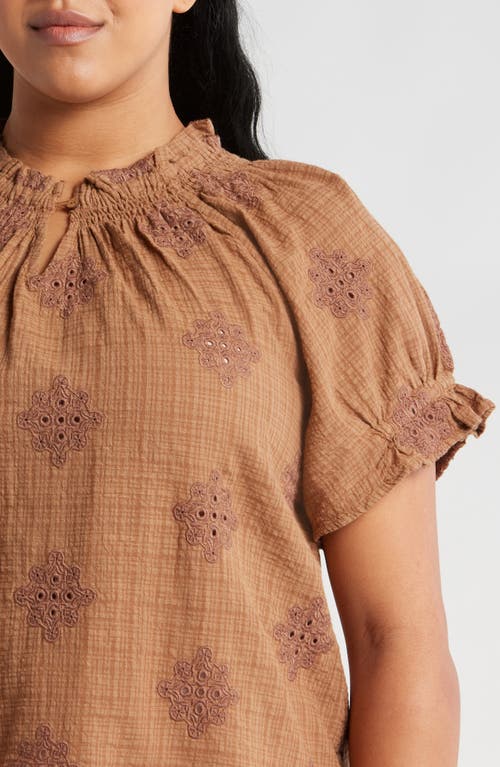 Shop Wit & Wisdom Embroidered Short Sleeve Top In Caramel Latte