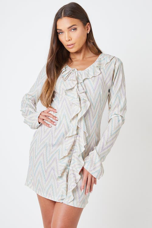 Shop Creea The Label Long Sleeve Print Ruffle Mini Dress In Stone