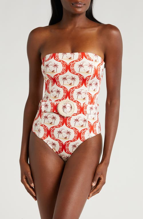 Farm Rio Summer Beach Belted Strapless One-piece Swimsuit In Summer Beach Off-white
