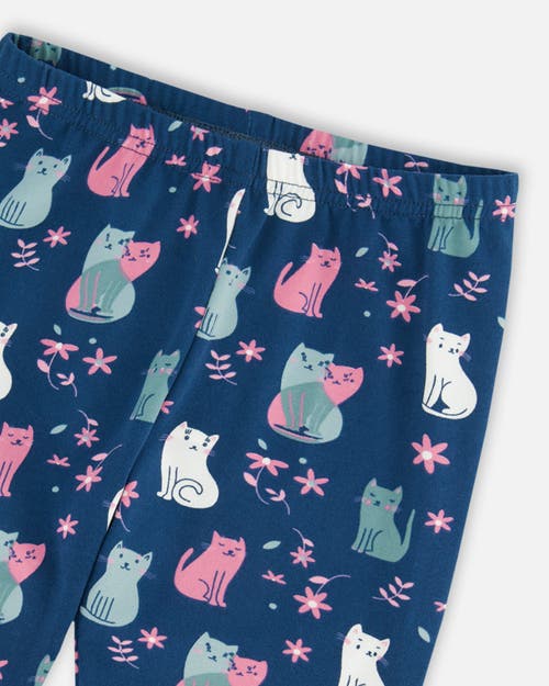 Shop Deux Par Deux Girl's Printed Leggings Navy Blue With Kitten In Printed Cats