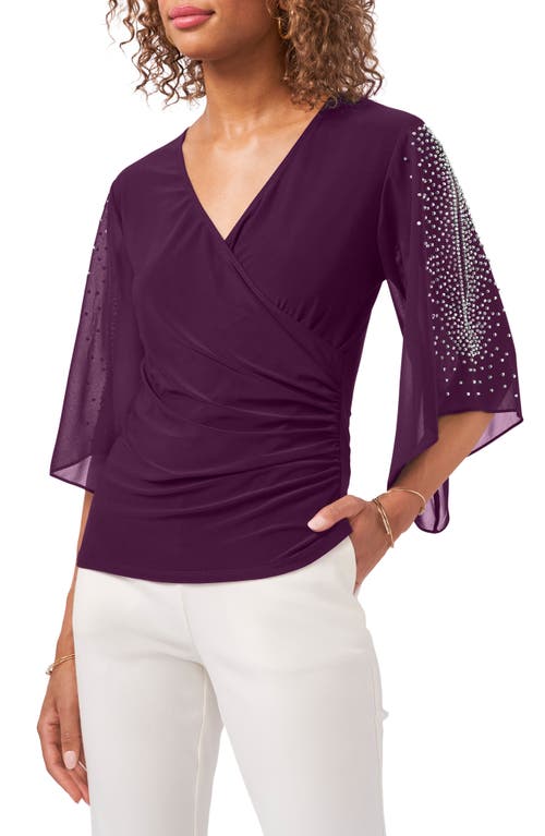 Chaus Beaded Sleeve Surplice Knit Top in Luxe Plum