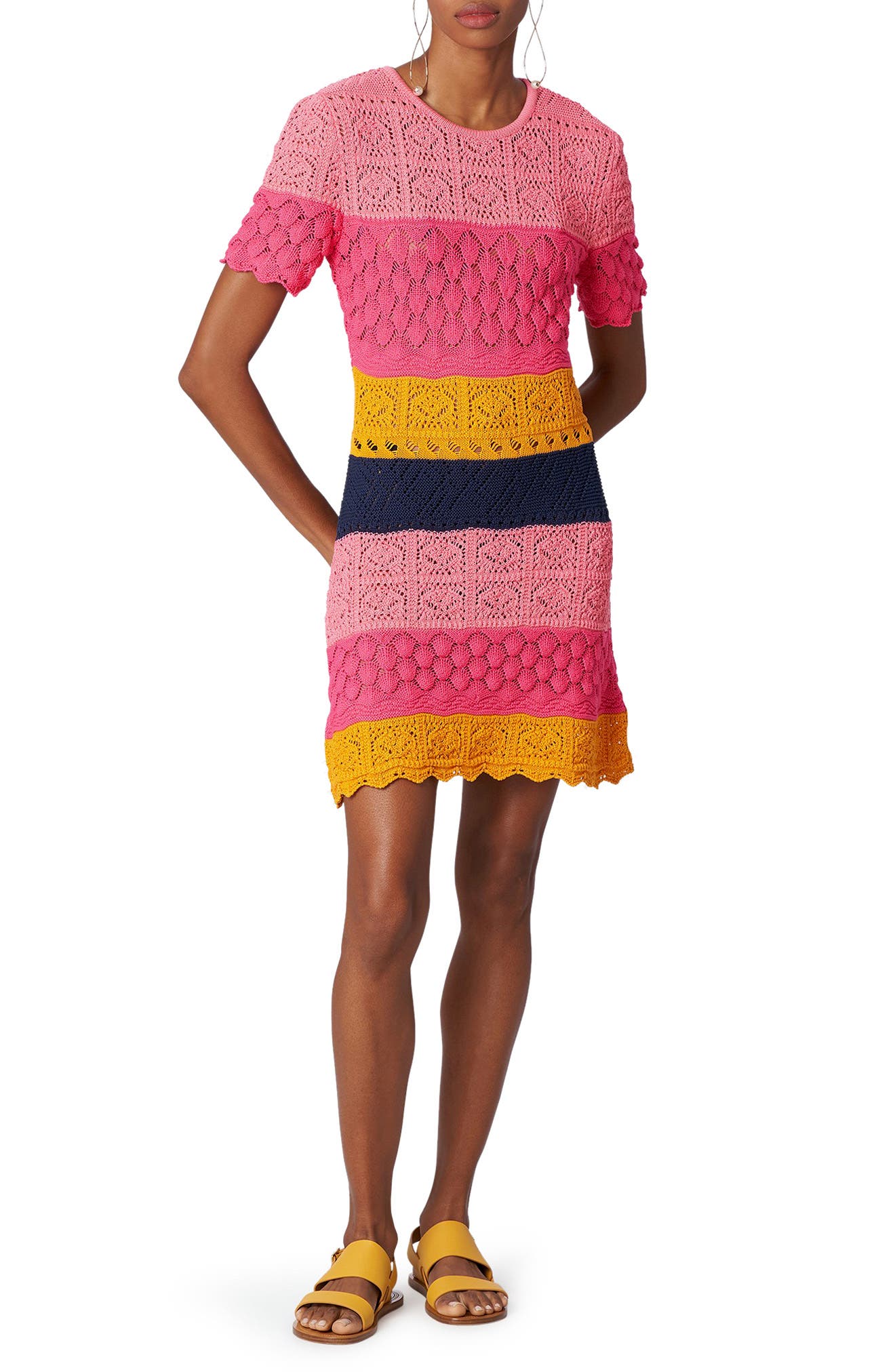 Carolina Herrera Colorblock Short Sleeve Cotton Sweater Dress in Multi at Nordstrom, Size Small