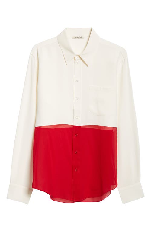Mixed Media Button-Up Shirt in White/Scarlet