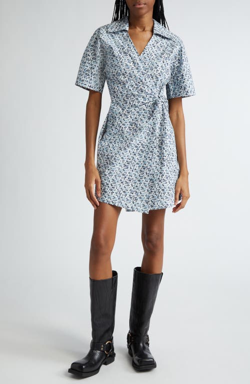 Ganni Abstract Print Wrap Organic Cotton Minidress In Glacier Lake