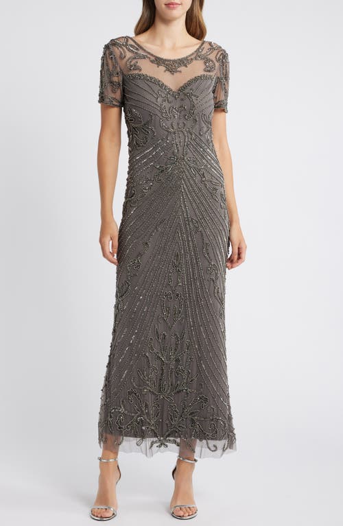 Pisarro Nights Illusion Beaded Mesh Column Gown in Aluminum 