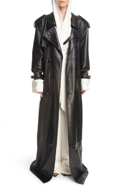 Classic Plunge Long Leather Trench Coat in Noir