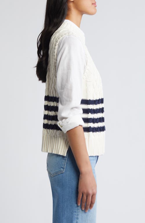 Shop Caslonr Caslon(r) Cable Knit Pima Cotton Sweater Vest In Ivory Pristine- Navy Stripe