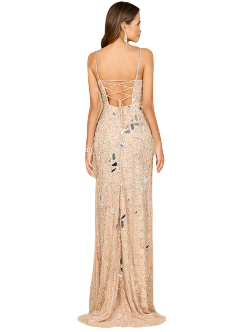 Lara New York Mirror Beaded Gown With High Slit In Nude