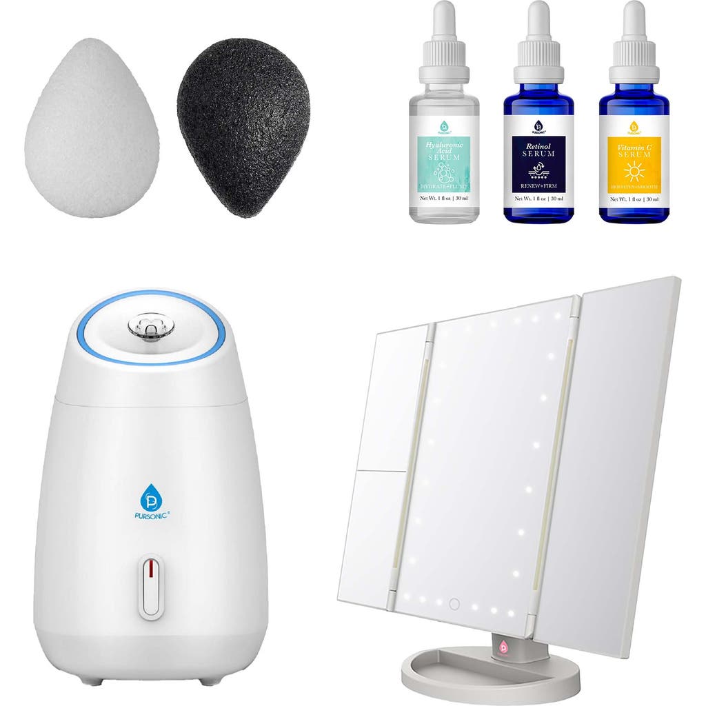 Pursonic Tri-fold Vanity Mirror, Facial Steamer, Anti-aging Serum Set & Konjac Sponge Duo In Multicolor