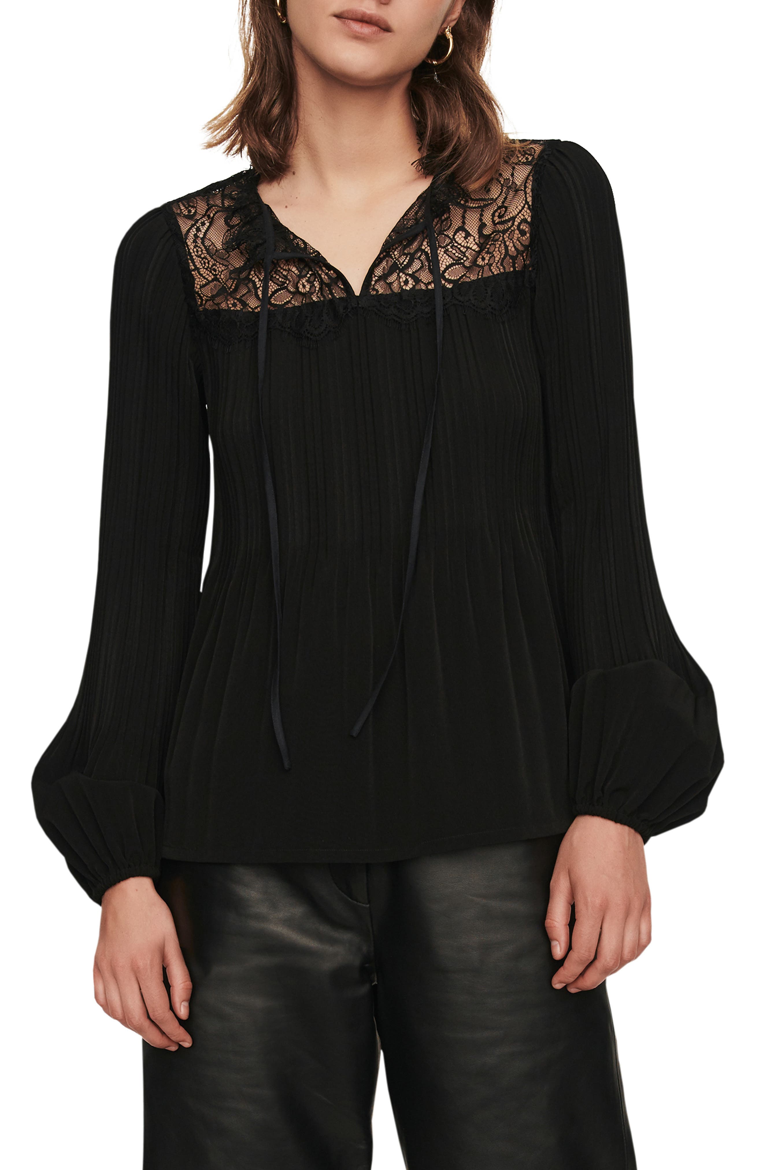 Maje Tops Lockette Lace Detail Long Sleeve Satin Top