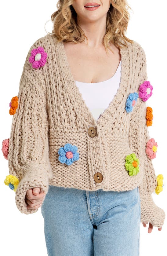 Saachi Chunky Floral Crochet Cardigan In Taupe