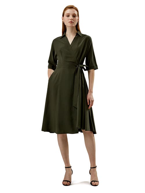 Shop Lilysilk Front Tie Wrap Silk Dress In Olive Green