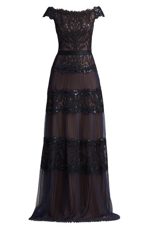 Shop Tadashi Shoji Sequin Corded Lace Off The Shoulder Gown In Navy/nude