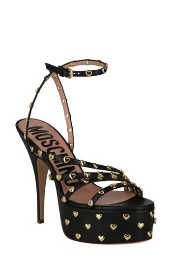 Moschino Heart Studded Platform Heels Woman Sandals Black Size 8 Tanned Leather In Black