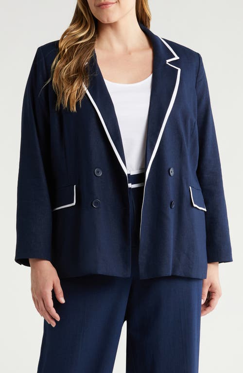 halogen(r) Piped Double Breasted Linen Blend Blazer in Classic Navy Blue