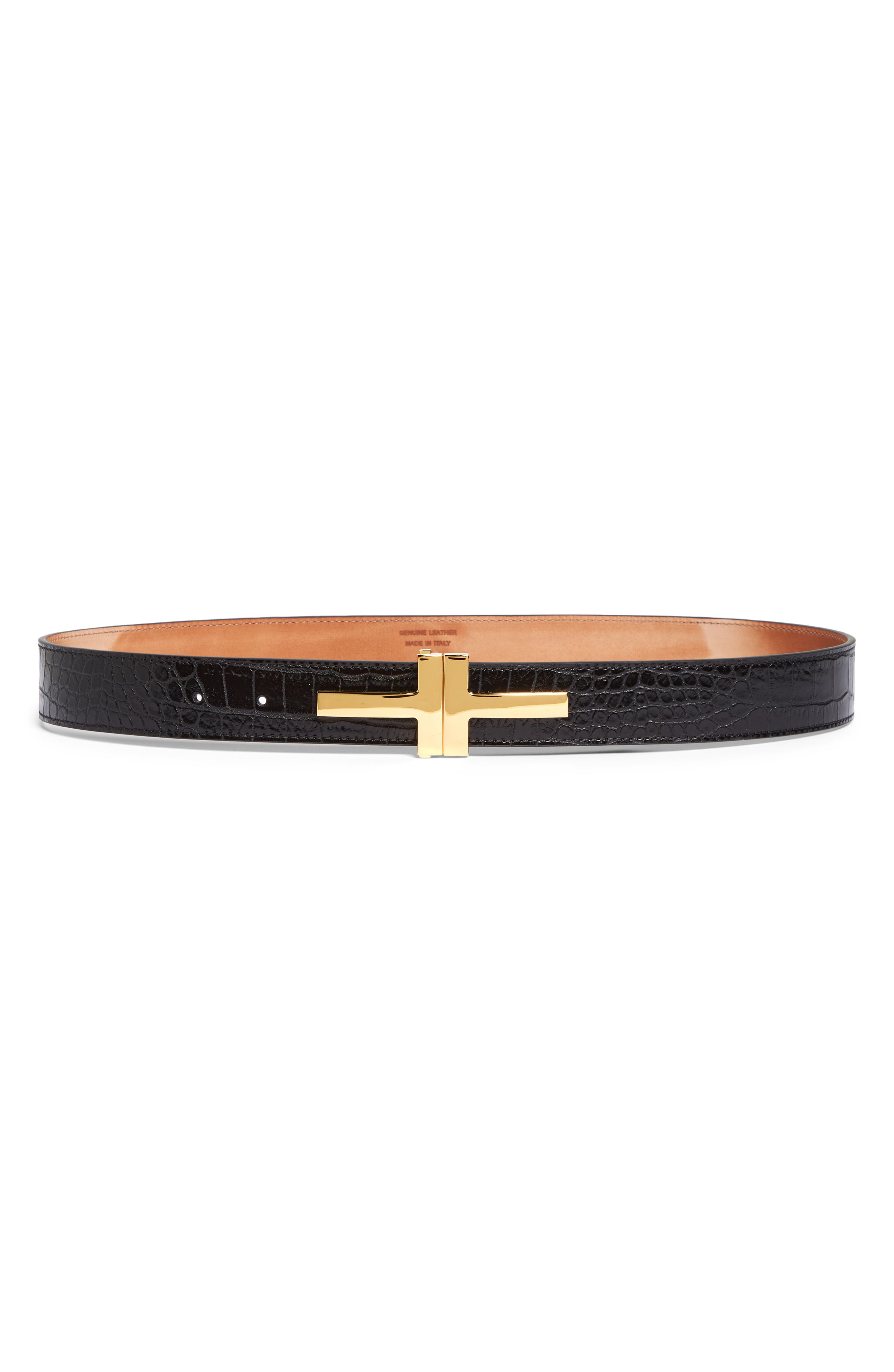 TOM FORD Double T Croc Embossed Calfskin Leather Belt in Black | Smart  Closet