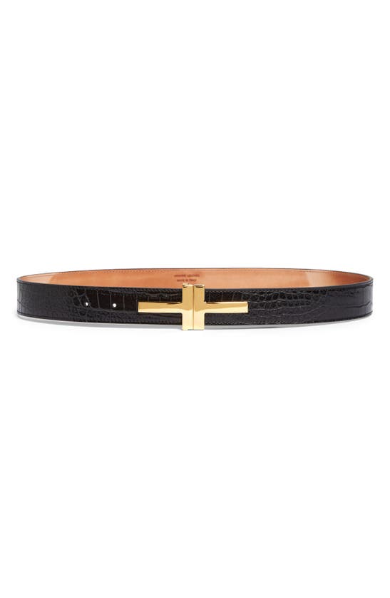 Tom Ford Double T Croc Embossed Calfskin Leather Belt In Black