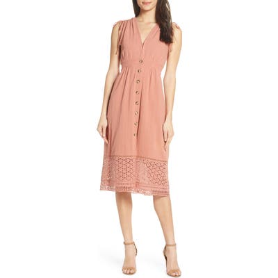 Heartloom Button Down A-Line Dress With Eyelet Lace Hem, Pink