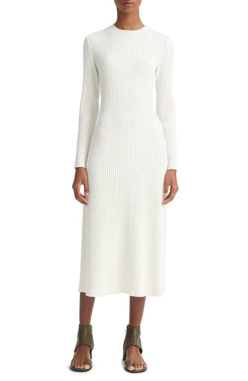 Vince Crewneck Long Sleeve Rib Midi Dress in Off White