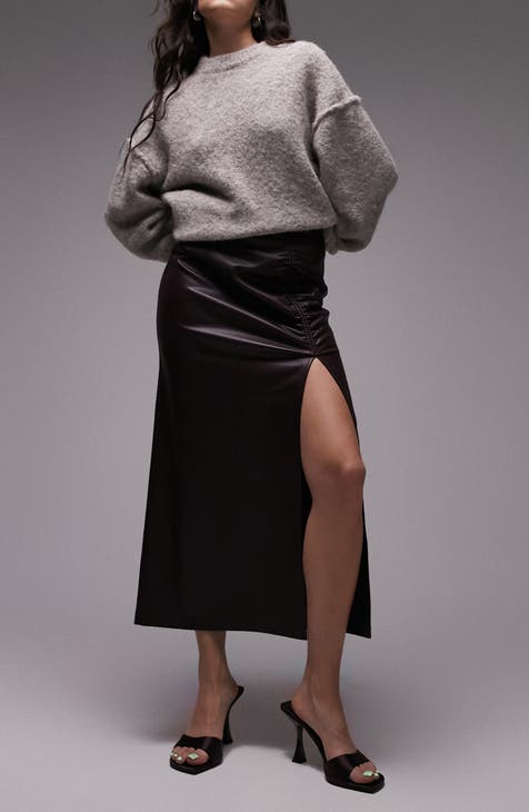 Topshop Petite Leather Look Tie Up High Split Midi Skirt In Black for Women