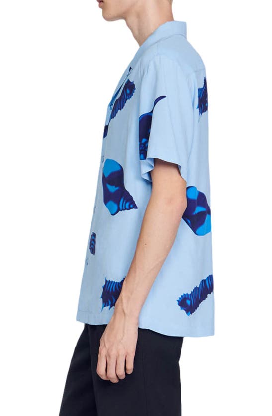 Shop Sandro Shells Print Short Sleeve Button-up Shirt In Blue
