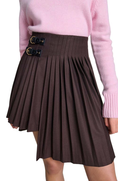 Shop Maje Asymmetrical Pleated Short Skirt In Brown