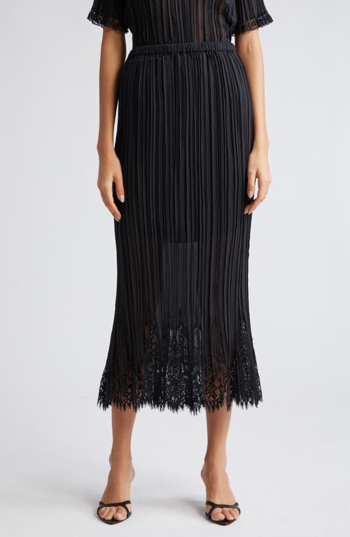 Pleated Lace Trim Midi Skirt in Black
