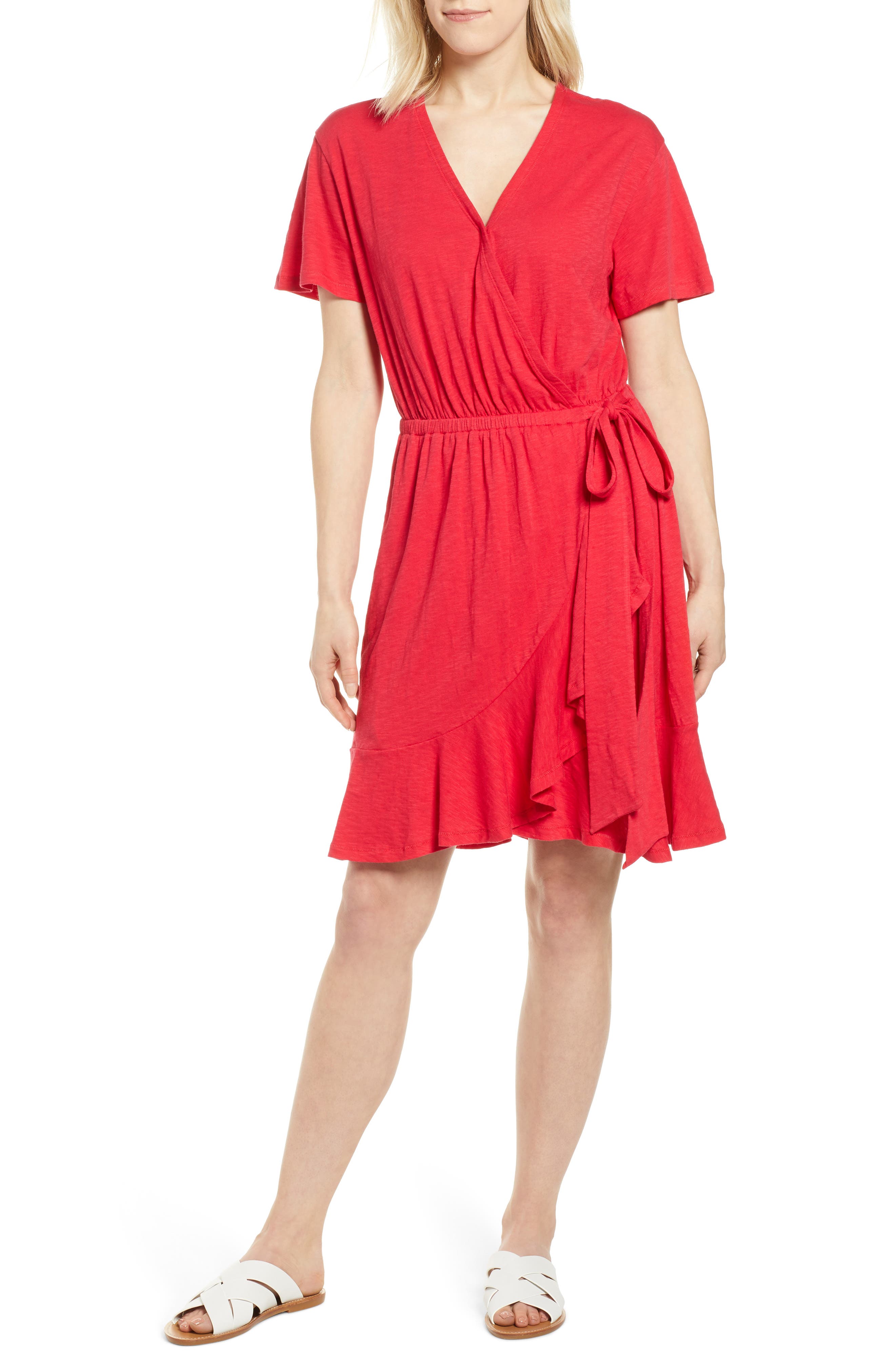 Petite Caslon Asymmetrical Hem Faux Wrap Dress, Red