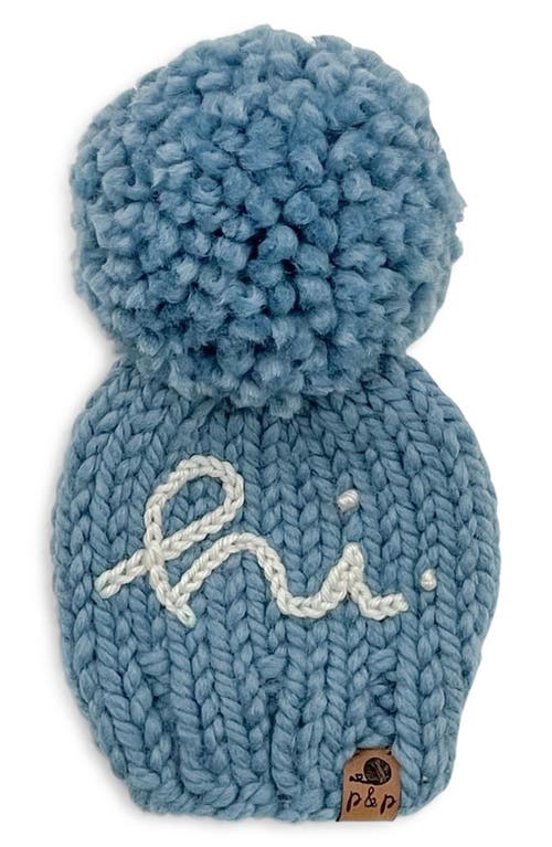 PINE + POPPY Hi Embroidered Pompom Hat in Rich Blue