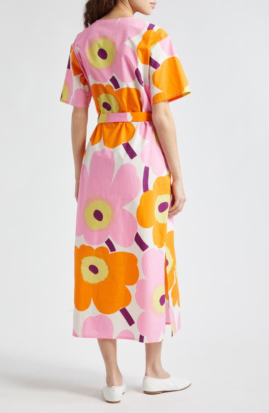 Shop Marimekko Kemut Unikko Organic Cotton Poplin Dress In Off-white/ Orange/ Light Pink