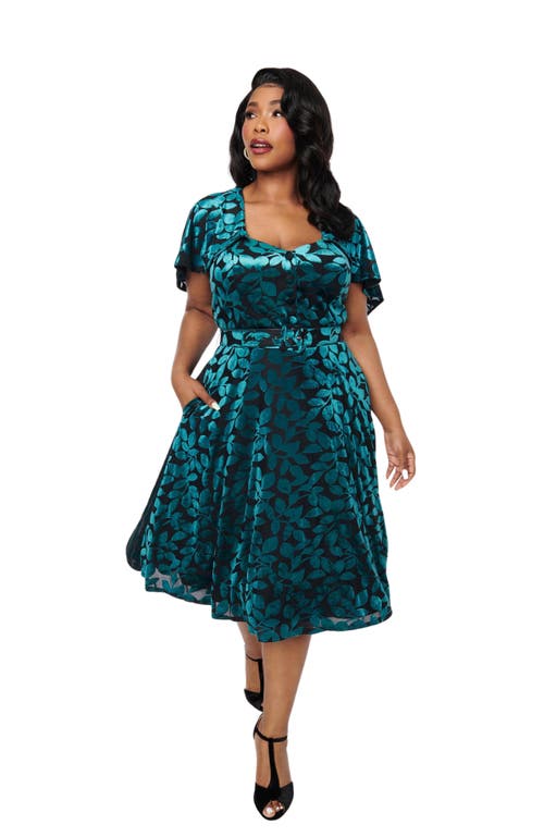 Shop Unique Vintage Plus Size Woven Detachable Capelet Swing Dress In Teal & Black Burnout