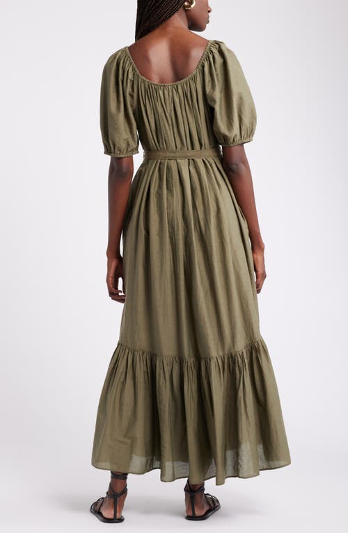 Shop Nordstrom Tiered Blouson Sleeve Cotton & Silk Maxi Dress In Olive Burnt