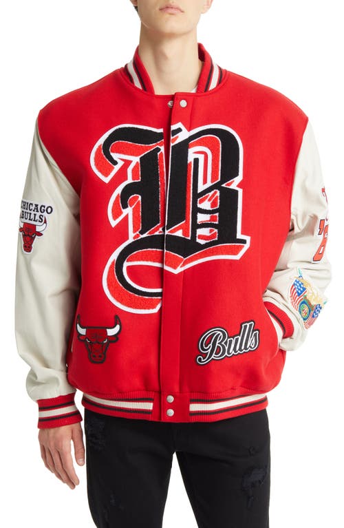 JEFF HAMILTON Chicago Bulls Block Letter Wool Blend Varsity Jacket in Red