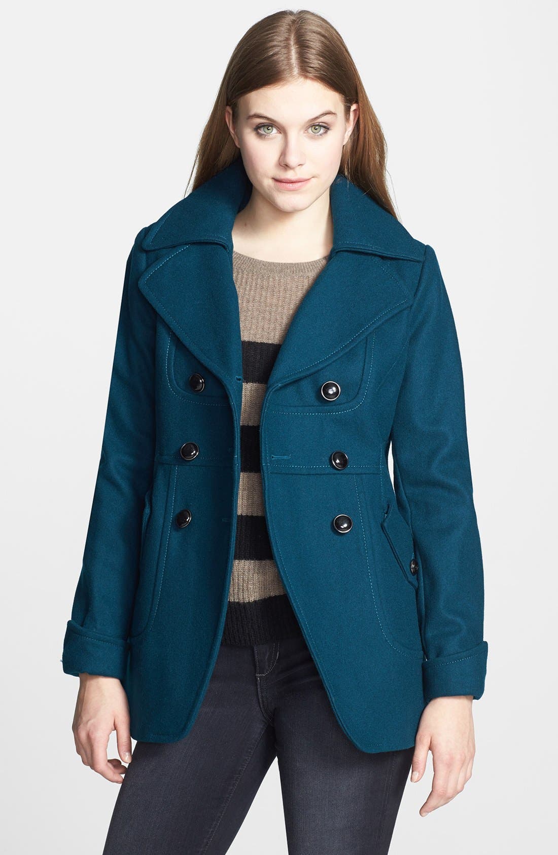 GUESS Cutaway Front Double Breasted Wool Coat (Petite) Nordstrom