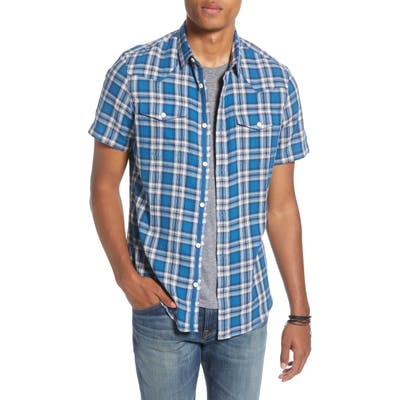 Treasure & Bond Trim Fit Plaid Short Sleeve Button-Up Shirt, Blue