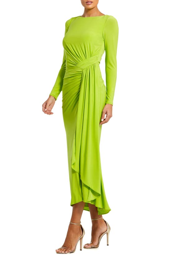 Shop Mac Duggal Side Ruched Long Sleeve Gown In Chartreuse