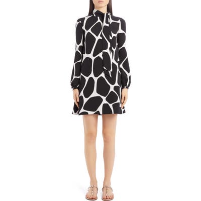 Valentino Giraffe Print Long Sleeve Silk Minidress, US / 42 IT - Black