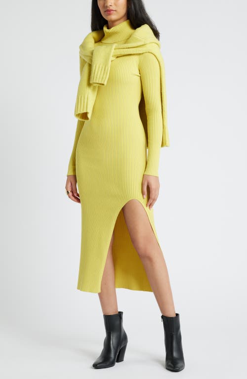 Shop Open Edit Rib Long Sleeve Turtleneck Sweater Dress In Yellow Celery