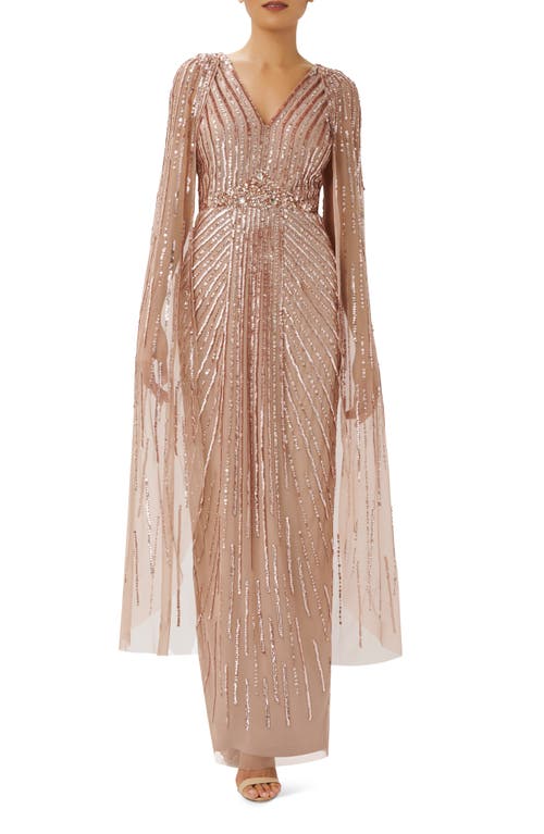 Adrianna Papell Beaded Sequin Long Sleeve Cape Overlay Column Gown Rose Gold at Nordstrom,