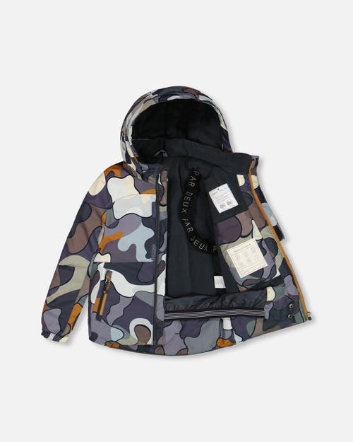 Shop Deux Par Deux Boy's Two Piece Snowsuit Solid Pant And Print Jacket Dark Gray Camo In Ebony